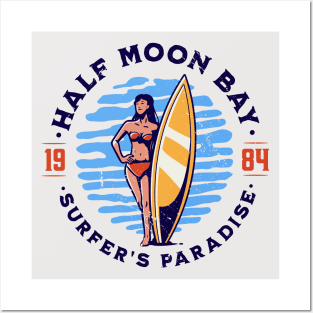 Vintage Half Moon Bay, California Surfer's Paradise // Retro Surfing 1980s Badge B Posters and Art